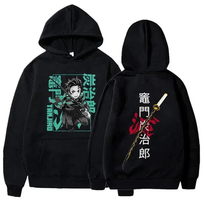 Black oversized hoodie featuring tanjiro kamado graphic from demon slayer on front and sword with japanese text on back view