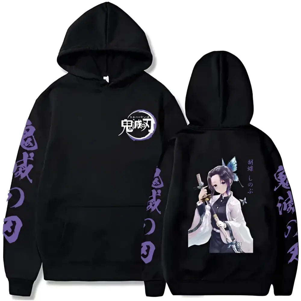 Black hooded sweatshirt with purple demon slayer logo on chest and anime butterfly wings illustration on back with japanese text sleeves