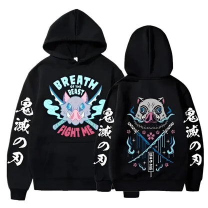 Black demon slayer tanjiro kamado oversized hoodie with vibrant breath of the beast graphic and japanese text on sleeves
