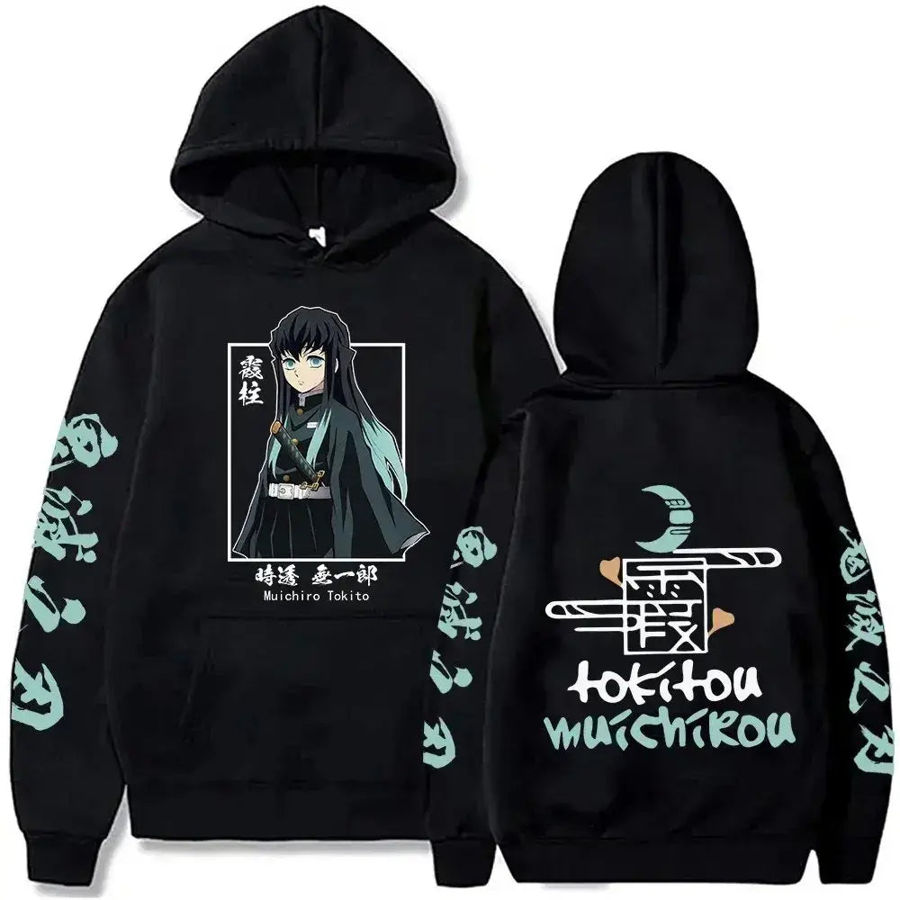 Black hooded sweatshirt with light teal tanjiro kamado anime graphic and sleeve text demon slayer oversized pullover