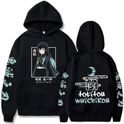 Black hooded sweatshirt with light teal tanjiro kamado anime graphic and sleeve text demon slayer oversized pullover