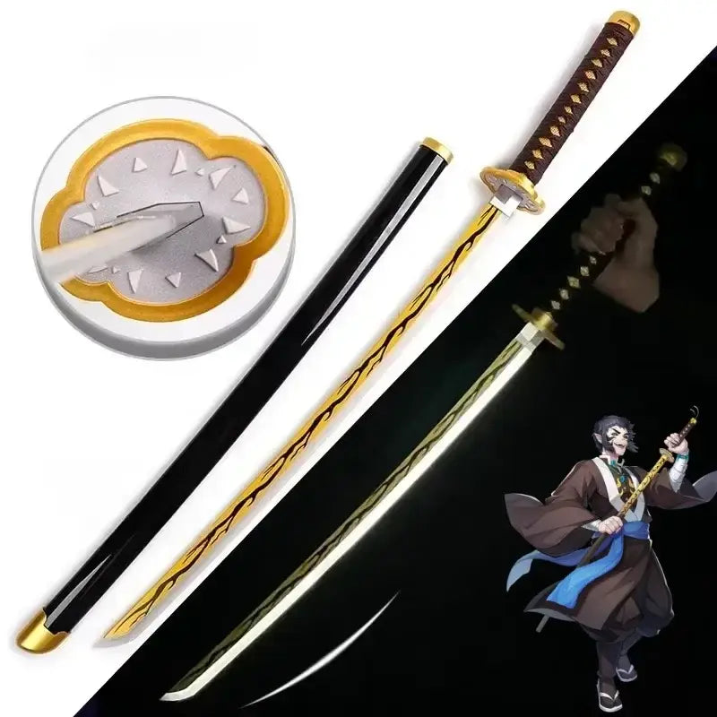 Demon slayer tanjiro led katana sword with black blade, intricate gold patterns, and dark brown textured handle