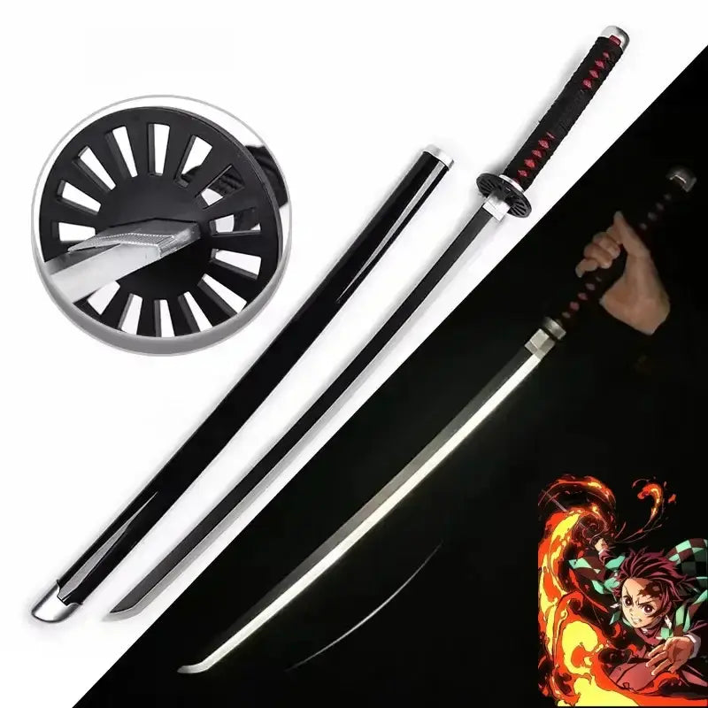 Black-handled demon slayer led katana sword with silver blade red stitched grip and detailed guard and scabbard 104cm replica
