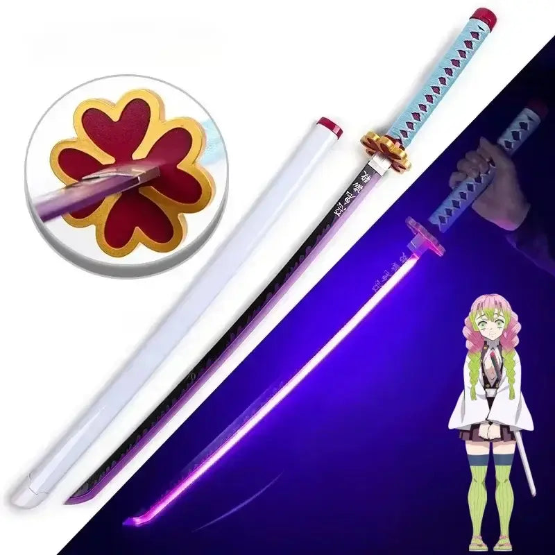 Demon slayer tanjiro led katana sword glowing purple blade with white handle and black japanese characters 104cm replica