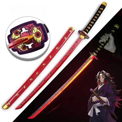 Demon slayer tanjiro led katana sword with red glowing blade gold eye accents and black textured handle 104cm replica