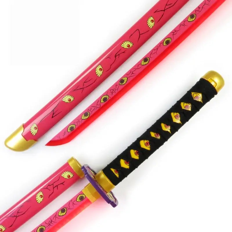 Pink decorative demon slayer katana sword with gold and black floral patterns led katana replica 104cm