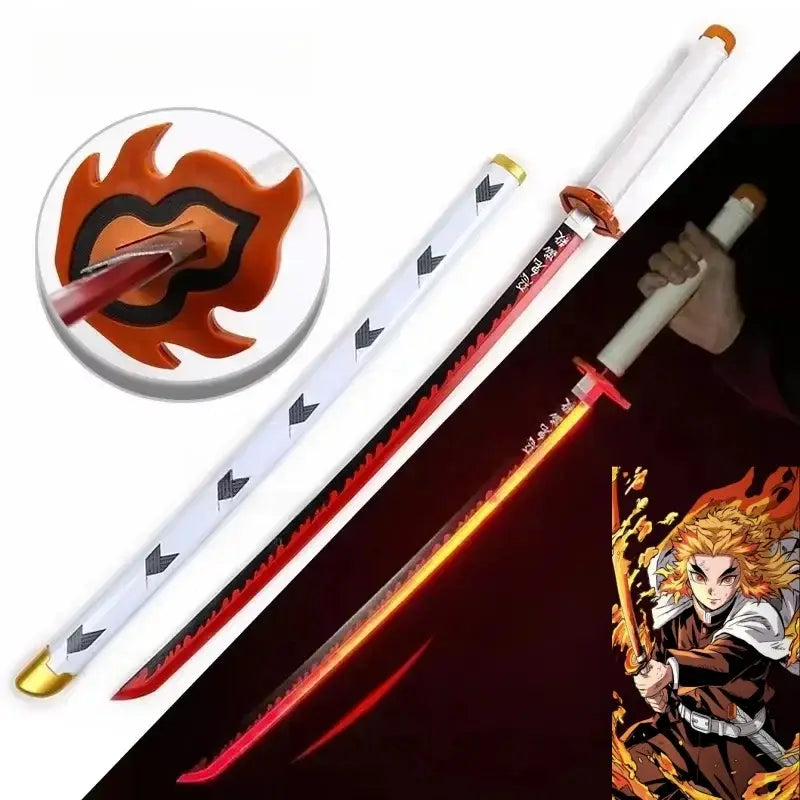 Demon slayer tanjiro led katana sword with red and white blade flame emblem and black chevron sheath patterns