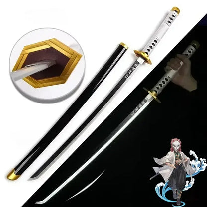 Black and white demon slayer katana sword with gold accents and engraved japanese characters 104cm led katana replica