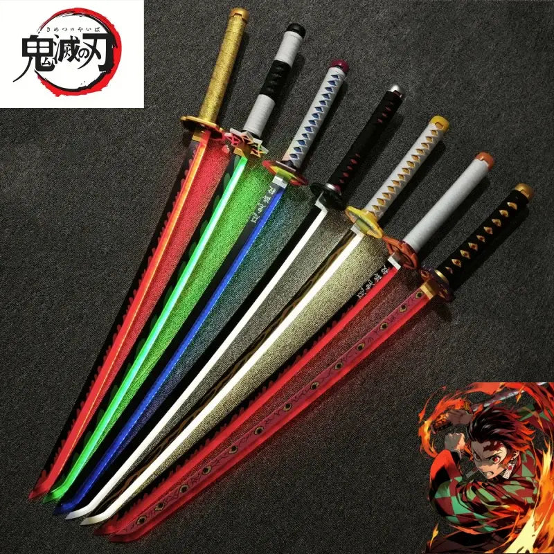 A set of six glowing colorful demon slayer led katana swords with detailed hilts and scabbards 104cm replicas