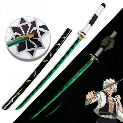 Demon slayer tanjiro led katana sword with green and black blade, gold bat decals, and silver star emblem on scabbard tip