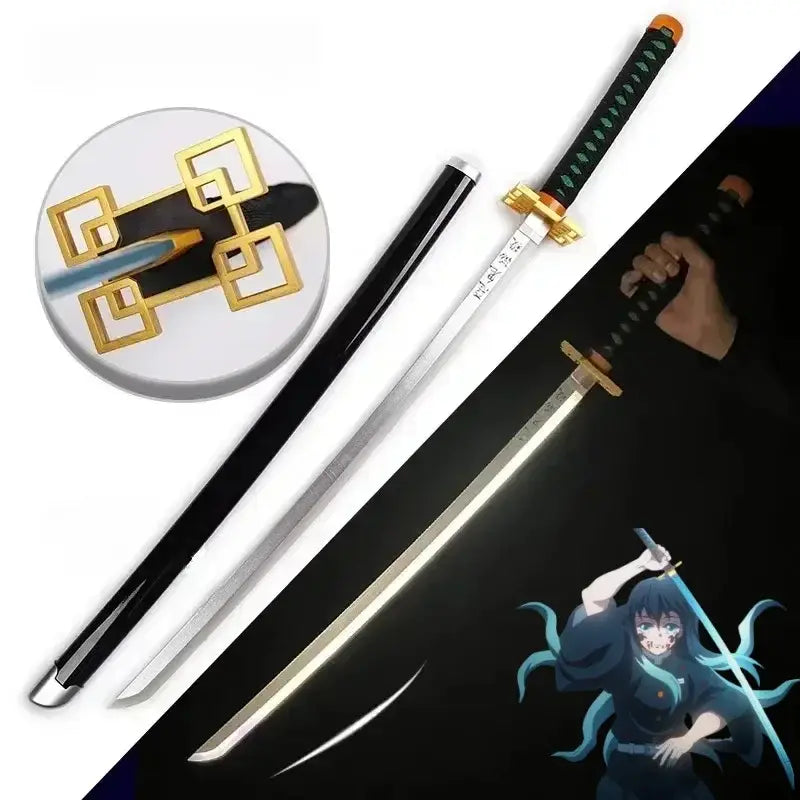 Demon slayer tanjiro led katana sword with black handle, gold accents, silver blade, and ornate golden crossguard design