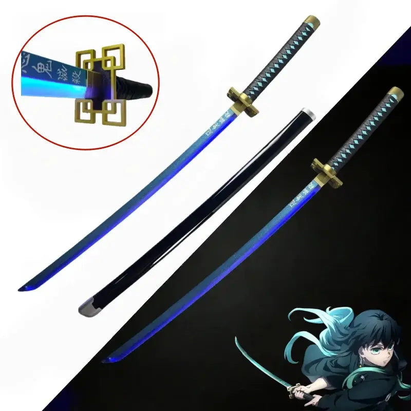Blue gradient demon slayer katana sword with black handle gold accents and decorative golden guard led katana replica