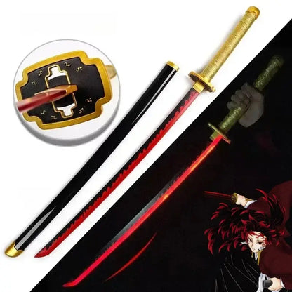 Red-lit demon slayer led katana sword with black blade gold handle accents and ornate golden tsuba 104cm replica