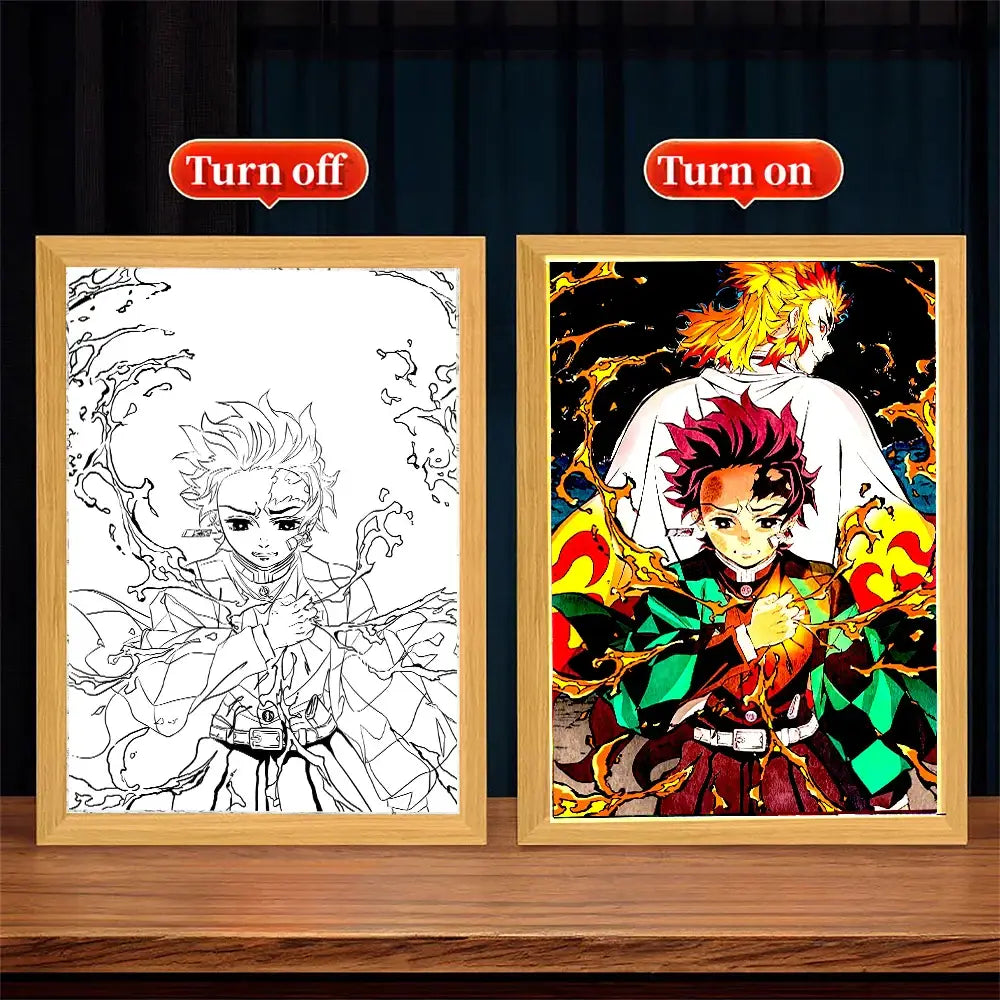 Wooden-framed demon slayer tanjiro anime diamond painting with vibrant colors in led light frame for decor
