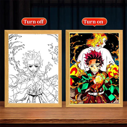 Wooden-framed demon slayer tanjiro anime diamond painting with vibrant colors in led light frame for decor