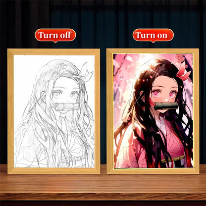 A framed led light anime decor featuring a vibrant portrait of a character with long dark hair and pink eyes