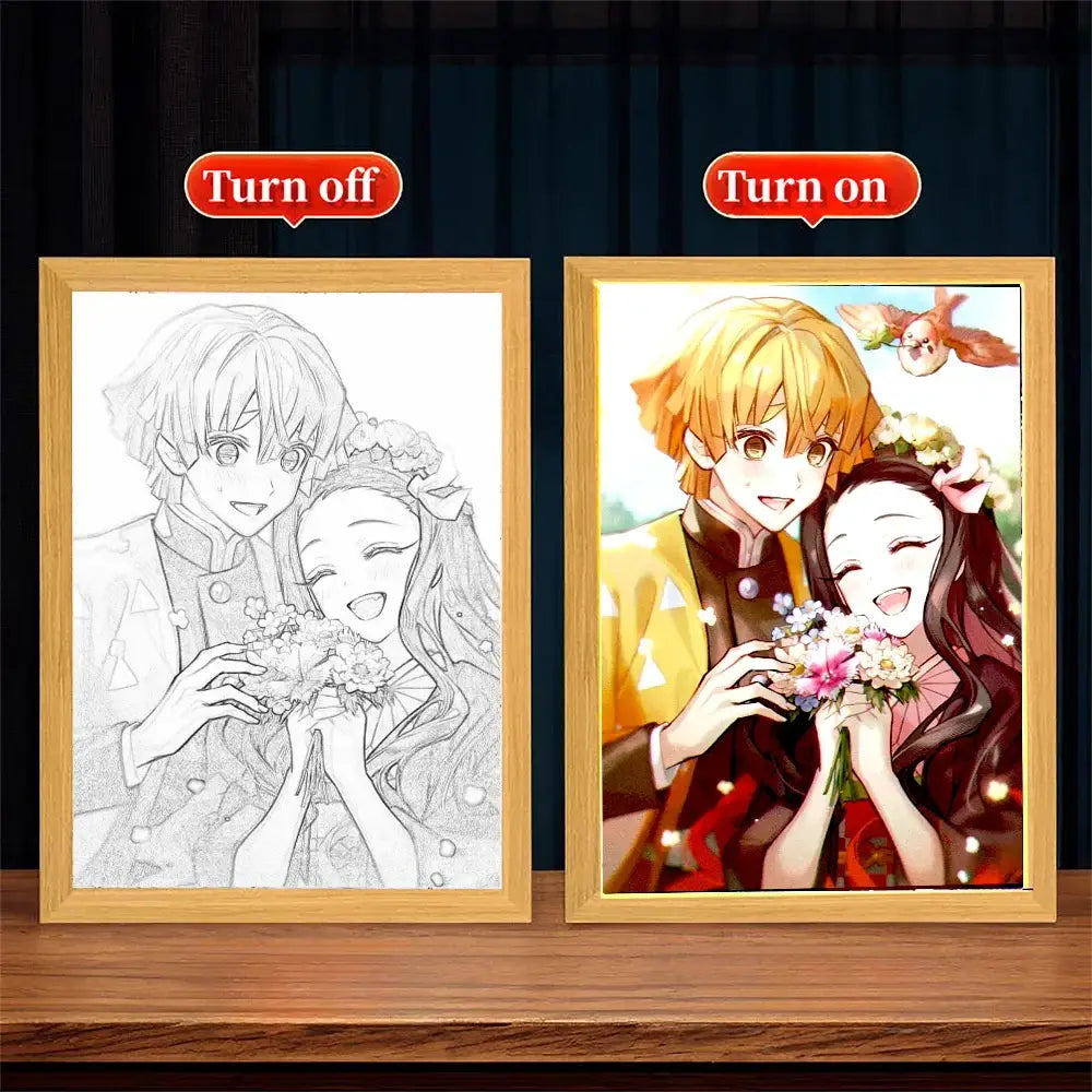 Demon slayer tanjiro led light frame featuring vibrant anime characters holding flowers in a light wood frame