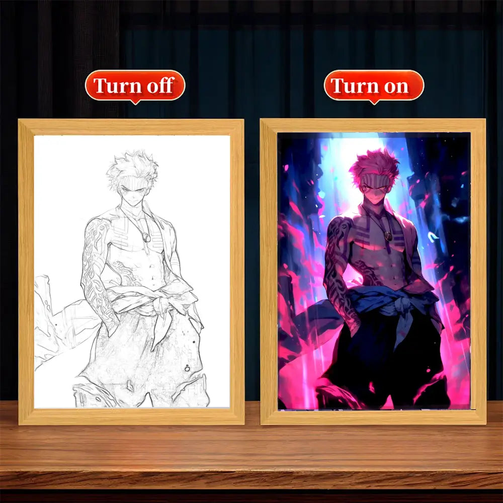 Demon slayer tanjiro led light frame with glowing pink and blue anime portrait and intricate arm tattoos in wooden frame