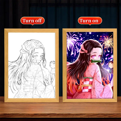 Anime decor featuring a vibrant led light frame with a colorful girl in a pink and white kimono and fireworks background