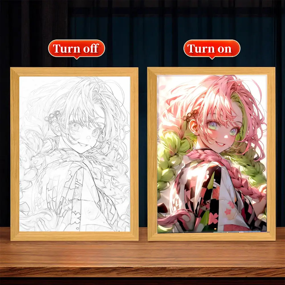 A vibrant anime portrait of a girl with pink and green braided hair in a patterned kimono in a light wood led light frame
