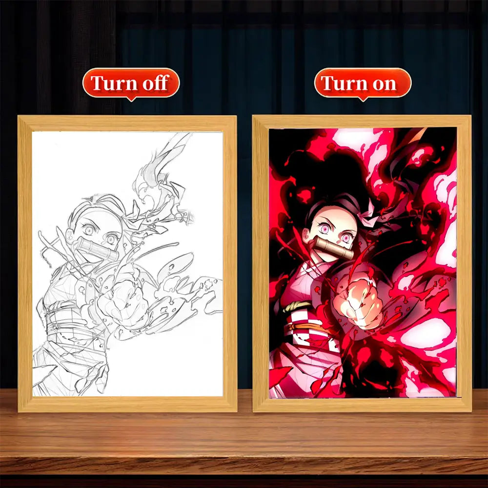 The demon slayer tanjiro led light frame features vibrant red and black anime art with pink eyes in an illuminated light frame