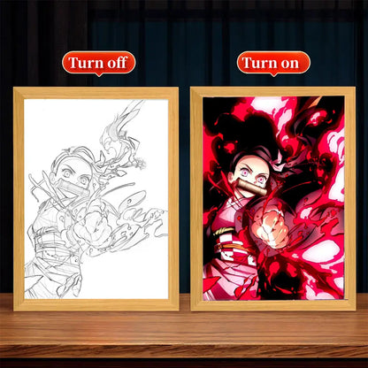 The demon slayer tanjiro led light frame features vibrant red and black anime art with pink eyes in an illuminated light frame