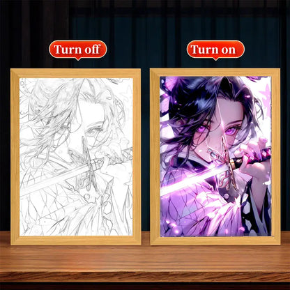 Demon slayer tanjiro anime portrait in a vibrant purple and black light frame with led light and light wood frame