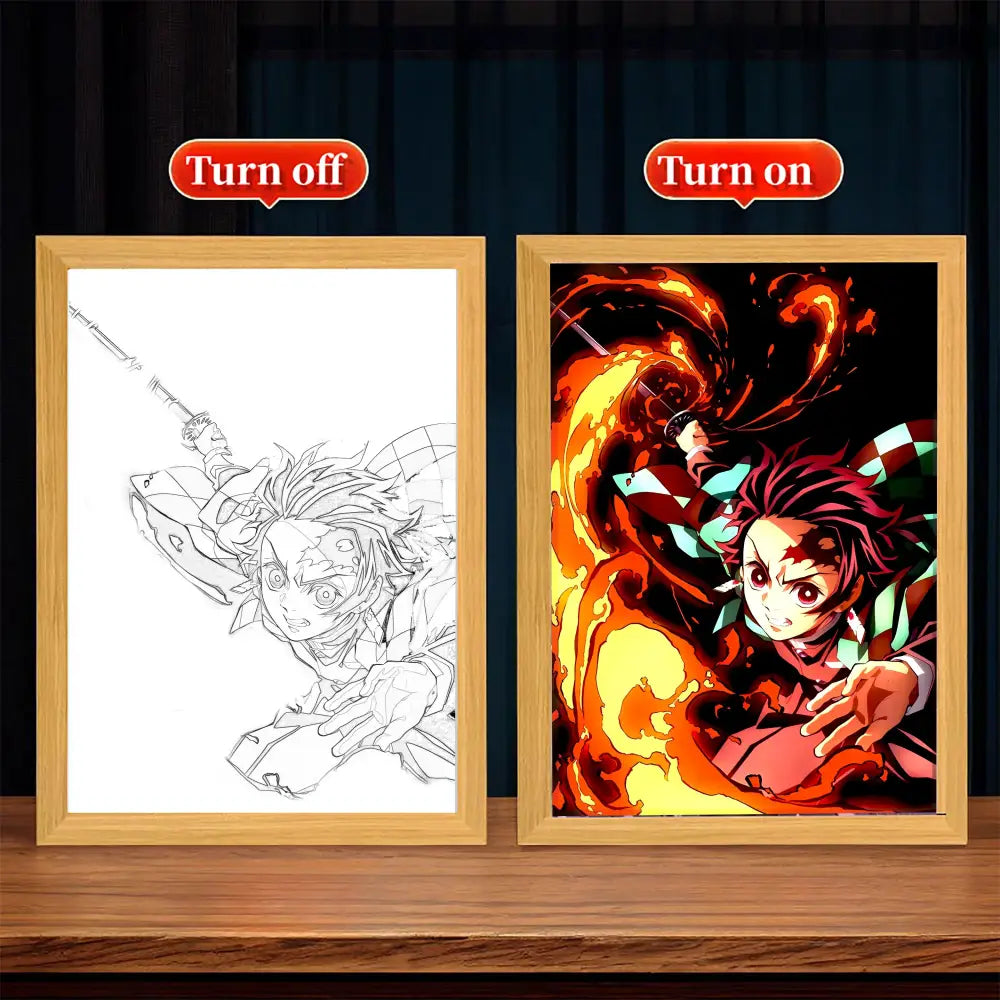 Vibrant red and orange flame-themed demon slayer tanjiro anime art print in light wood led light frame decor