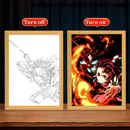 Vibrant red and orange flame-themed demon slayer tanjiro anime art print in light wood led light frame decor