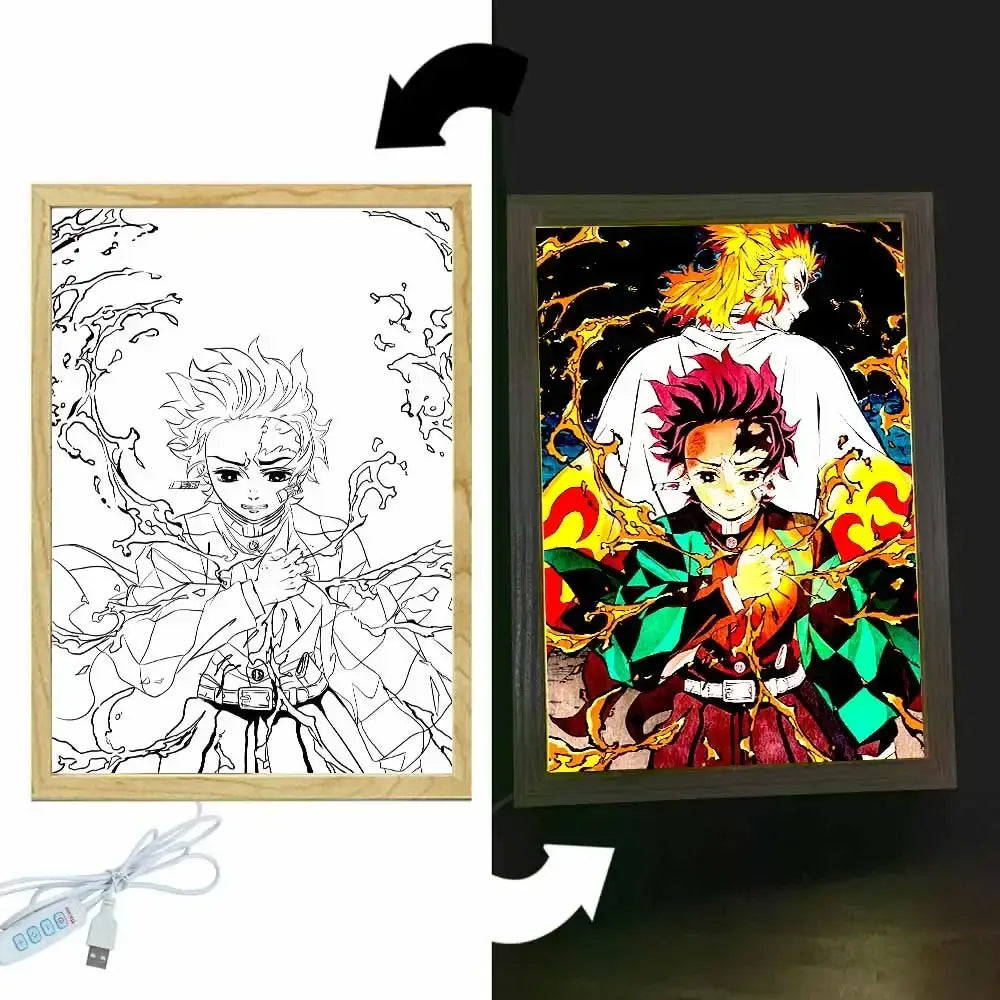 This demon slayer tanjiro led light frame features a vibrant illuminated anime artwork with dynamic flames and bold colors