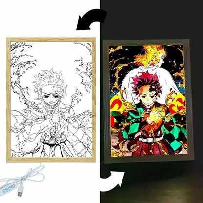 This demon slayer tanjiro led light frame features a vibrant illuminated anime artwork with dynamic flames and bold colors