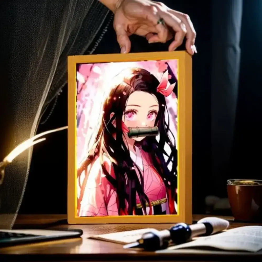 Glowing wooden-framed demon slayer tanjiro led light frame featuring anime character with long dark hair and red bow