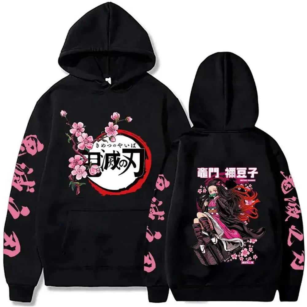 Black demon slayer hooded sweatshirt with pink cherry blossoms, japanese text, red circle, and anime graphic print
