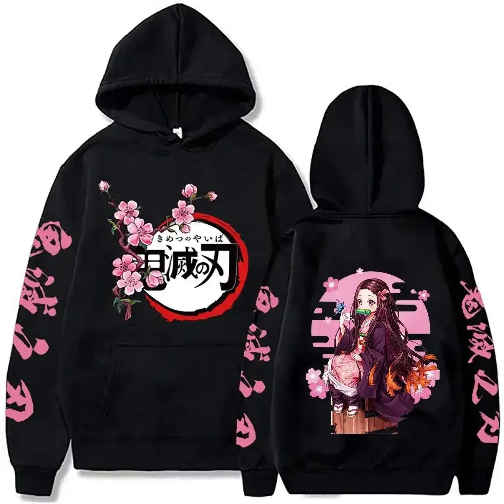 Black hooded sweatshirt with pink cherry blossoms and japanese text front and demon slayer graphic print kimono design back
