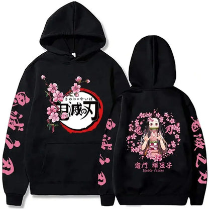 Black demon slayer hooded sweatshirt with pink cherry blossom graphic print and character illustration on the back