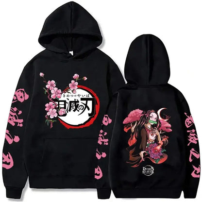 Black oversized demon slayer hoodie with pink cherry blossom graphic print and character illustration on the back
