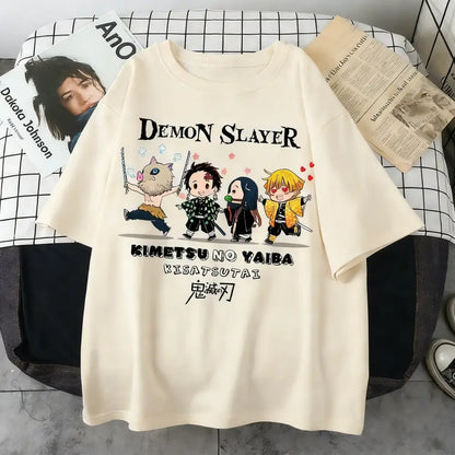 Cream-colored plus size demon slayer oversized t-shirt with short sleeves featuring cartoon characters for parent-child matching