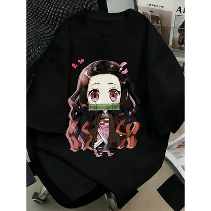 Black oversized plus size demon slayer t-shirt with anime printed chibi nezuko kamado graphic and pink eye details