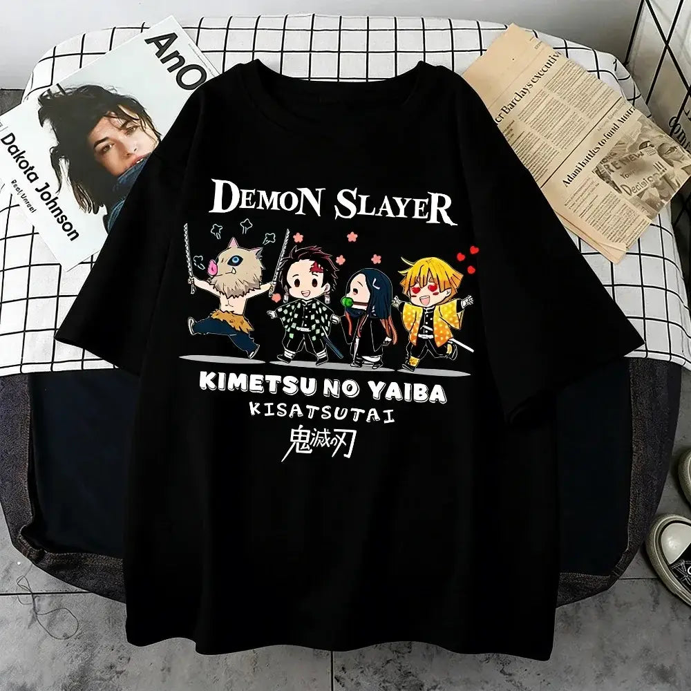 Black cotton demon slayer plus size t-shirt with colorful kimetsu no yaiba cast print and white Japanese text perfect for parent-child matching