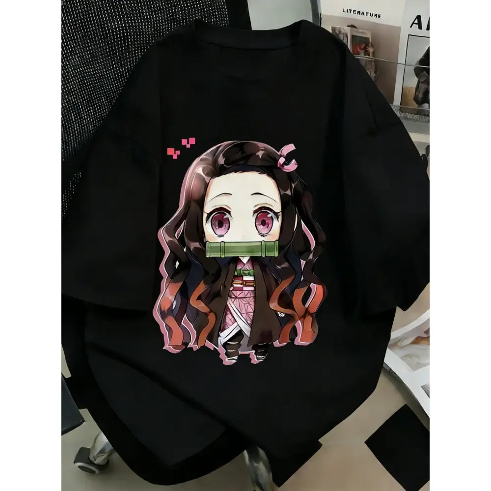 Black oversized demon slayer plus size t-shirt with anime printed chibi nezuko kamado featuring pink eyes and orange highlights