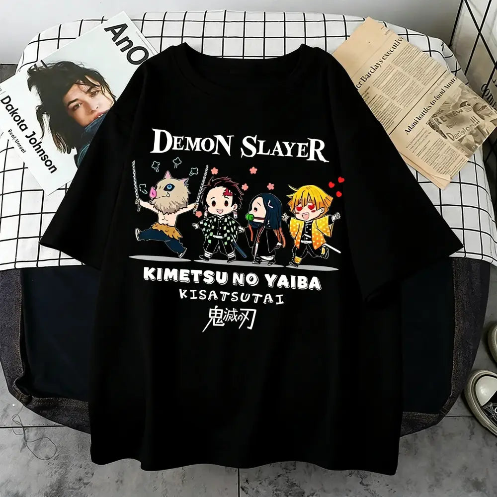 Black cotton demon slayer tanjiro oversized t-shirt with colorful cartoon print perfect for plus size parent-child matching