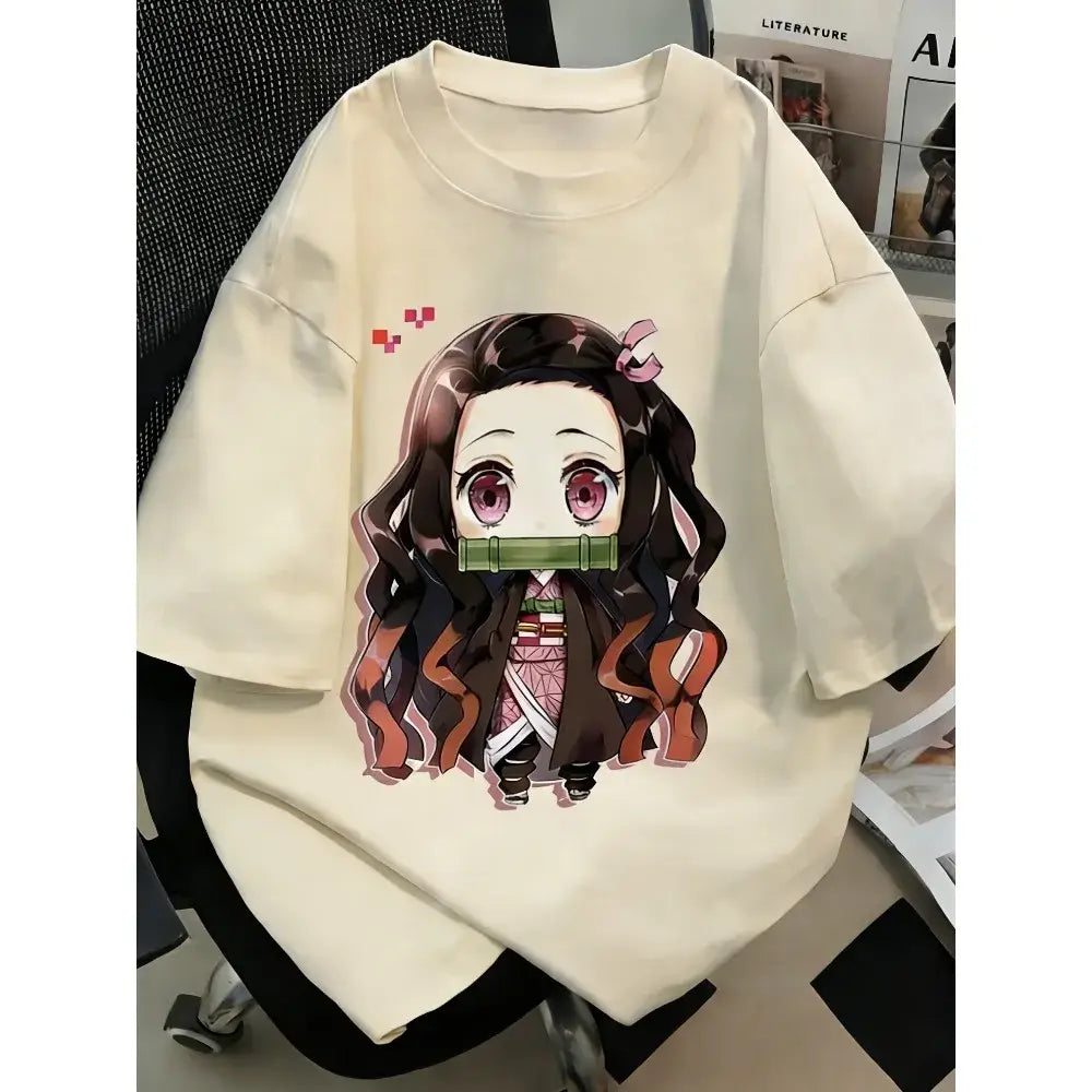 Cream-colored plus size demon slayer oversized t-shirt with chibi anime printed nezuko kamado design and bamboo gag