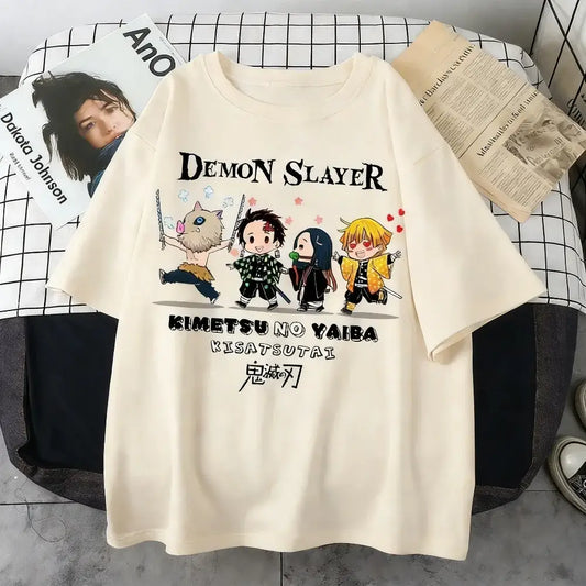 Cream-colored plus size demon slayer oversized t-shirt with cartoon cast illustration and bold black text for parent-child matching