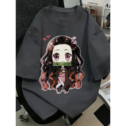 Dark gray plus size demon slayer oversized t-shirt with anime printed chibi nezuko kamado and green bamboo gag
