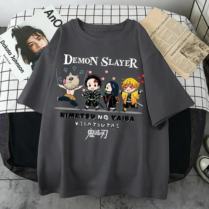 Dark gray oversized demon slayer t-shirt with colorful anime print and white text featuring japanese kanji for parent-child matching