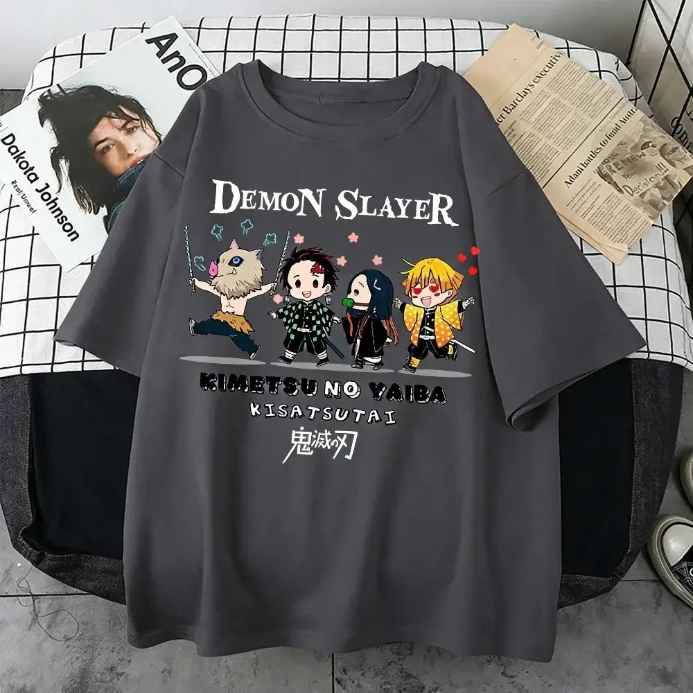 Dark gray oversized demon slayer t-shirt with colorful anime print featuring tanjiro for parent-child matching