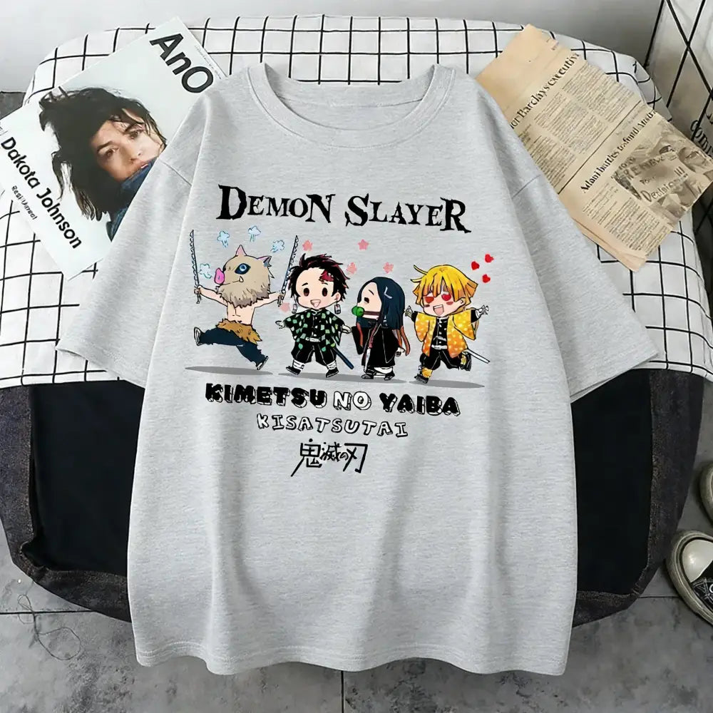 Light gray cotton plus size demon slayer oversized t-shirt with colorful cartoon print and character names for parent-child matching