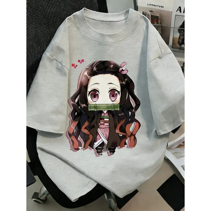 Light gray plus size demon slayer oversized t-shirt with anime printed chibi nezuko kamado and bamboo gag design