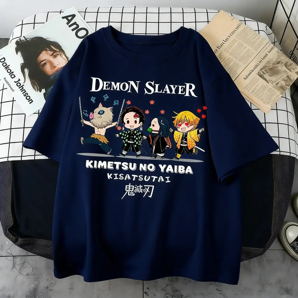 Navy blue plus size demon slayer oversized t-shirt with anime print featuring cartoon characters for parent-child matching