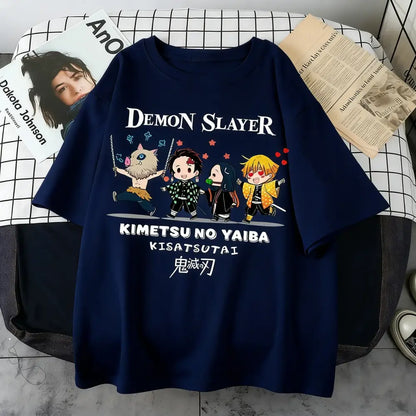 Navy blue plus size demon slayer oversized t-shirt with anime print featuring cartoon characters for parent-child matching